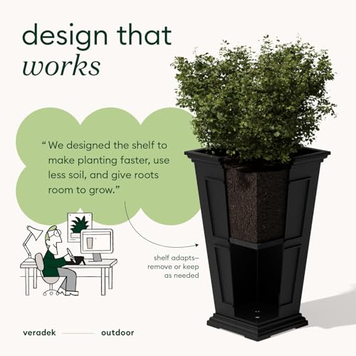 Image of Veradek Brixton Series Tall Plastic Planter (Black, 26 inch H x 14.75 inch W x 14.75 inch L - 2 Pack with Shelf)