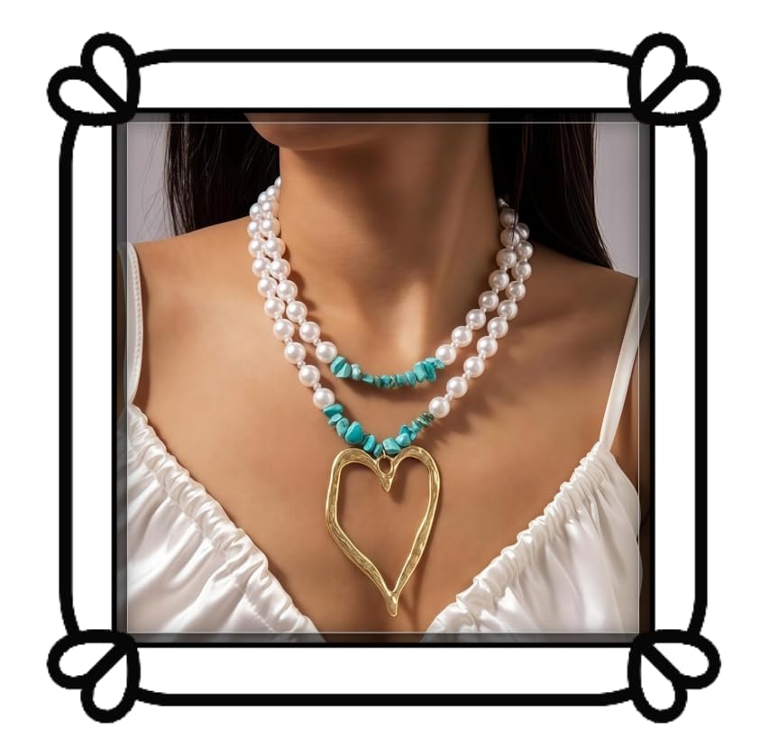 Collier superposé de perles turquoise pendentif coeur or double chaîne femme