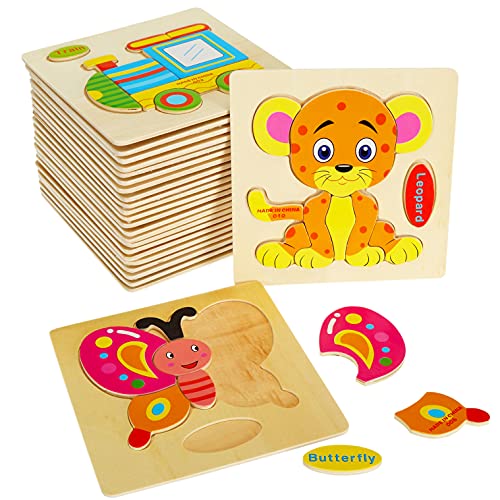 Soujoy 24 Pack Puzzles For Toddlers, Wooden Preschool Learning Puzzles Toy For Kids Age 3-5, Montessori Baby Jigsaw Toys For Boys And Girls, Animal Vehicle Shape #TOP6