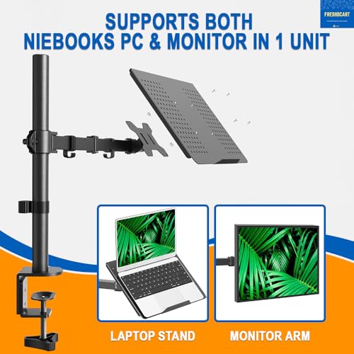 Image of FreshDcart Monitor Desk Mount with Laptop Tray, Adjustable Computer Arm Support & 6 Magnetic Cable Organizers | Ergonomic Screen Desk Setup | Space Saving Heavy Duty Clamp Mount for Home & Office