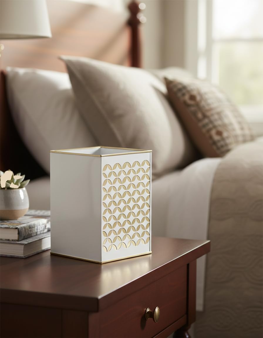 Creative Scents Diamond Lattice Small Bathroom Trash Can 1.45 Gal / 5.5L - Decorative Square Waste Basket for Bathroom - Durable White and Gold Waste Basket - Space Friendly Bath Dustbin