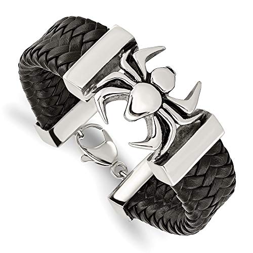Black Bow Jewelry Men's Stainless Steel & Black Leather Large Spider Bracelet, 8.5 Inch #TOP7