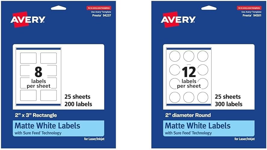AVERY Matte White Rectangle & Round Labels, 2" x 3" & 2" Diameter, 500 Printable Labels with Sure Feed Technology & Permanent Adhesive