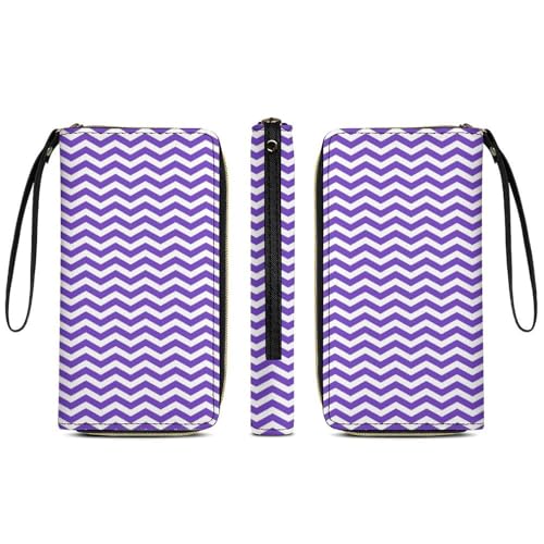 Purple And White Wavy Stripes Wallet Wristlet Zipper Purse with Hand Strap Travel Credit Card Holder for Adult Daily Use Gifts4