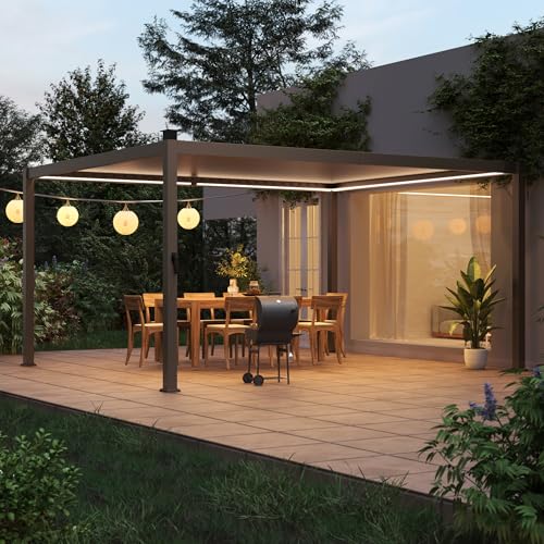 SANLUCE Louvered Pergola 12' × 14', Outdoor Metal Patio Pergola, Brown
