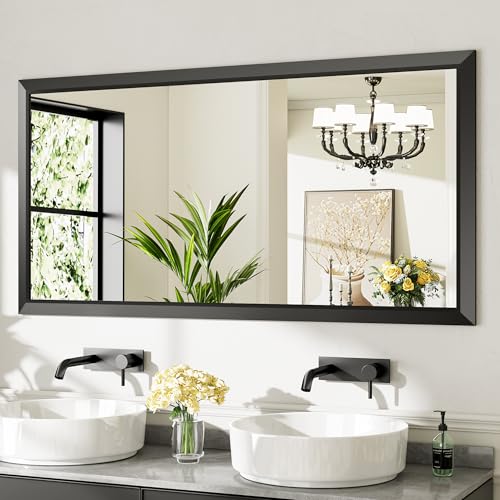 60x28 Inch Black Bathroom Mirror for Wall, Thick Metal Framed Rectangle Mirrors for Over Sink, Bedroom, Living Room, Entryway, Anti-Rust, HD Tempered Glass