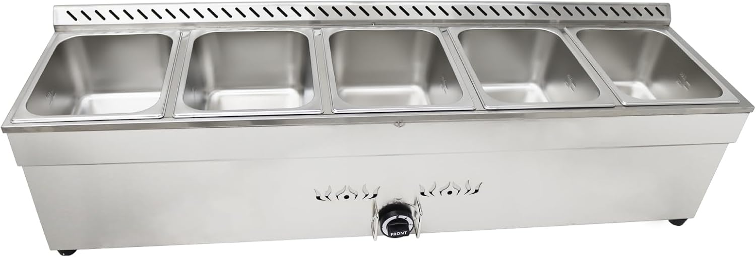5-Pan LP Gas Food Warmer Propane Food Warmer Propane Steam Table Stainless Steel Bain Marie Buffet for Parties (with Gas Regulator Valve) 1/2 * 6inch Deep