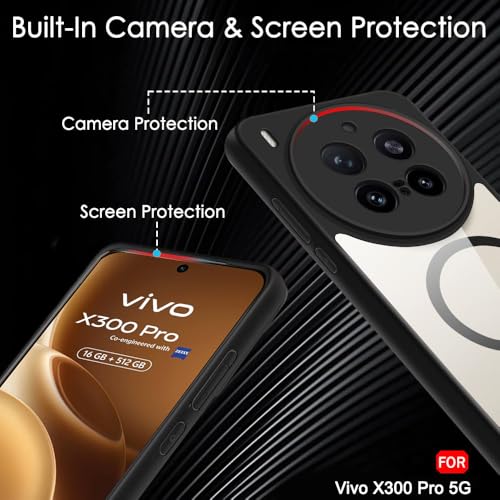 Image of TheGiftKart Hybrid Shockproof Back Cover Case for Vivo X300 Pro 5G Compatible with MagSafe | Camera Protection Module | Hard Cover for Vivo X300 Pro 5G (PC & TPU, Transparent Clear Back, Black Sides)
