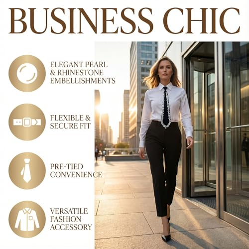 image for YKEBVPW Pearl Tie Necktie with Pearls for Women Black Formal Wear Adju