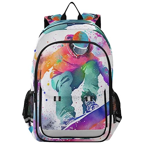 Snowboarding Kids School Backpack for Girls Boys, Travel Backpacks with Reflective Strips Multiple Pockets for School Hiking Summer Camp 17.7 inches