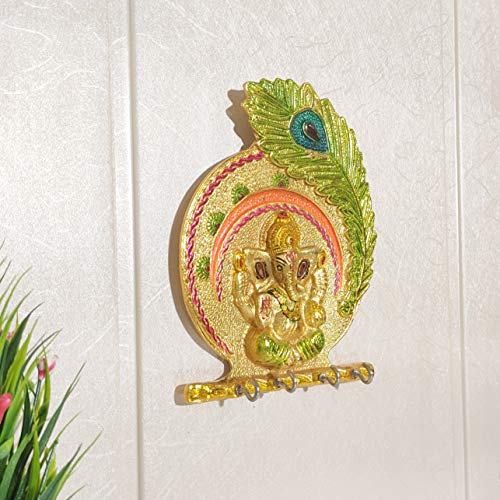 Image of KridayKraft Metal Ganesha ji Key Holder with Meena Work Decorative for Wall | Ganesh Statue /Religious | Idol /Wall Hanging (Ganesh Pankhi MENA)