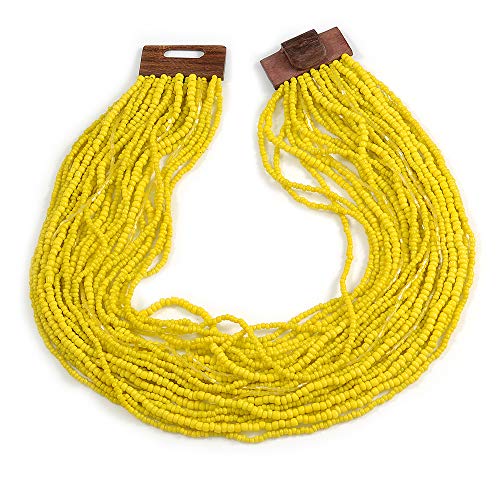 Collier perles en verre jaune citron Avalaya 60 cm avec fermoir en bois géométrique