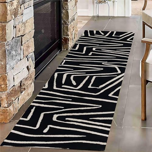 Bohemian Striped Rug, 2x7ft, Indoor Runner Rugs, Hallway Washable Rug,Non-Slip Mat Carpet in Hallways and Entrances, Black and White Abstract Striped Foldabe Runner Carpet。