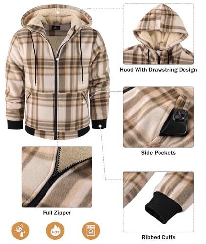 Image of Mens Plaid Hoodies Winter Zip Up Fleece Jacket Sherpa Fleece Lined Warm Flannel Jacket Coat
