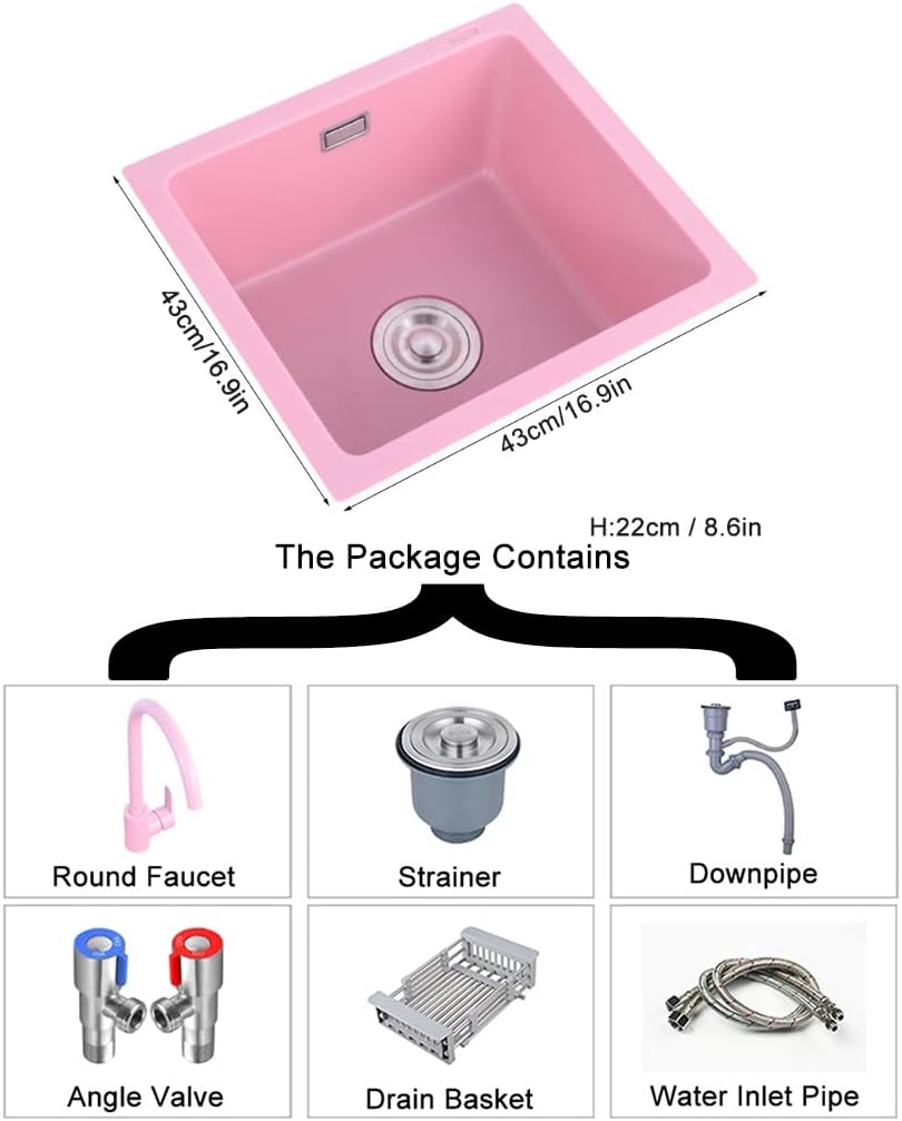 Kitchen Bar Sinks, with Faucet and Strainer Quartz Stbar Sink, Single ​Bowl ​Prep Sink, Drop-In Ordermount Installation/Pink~A/43 * 43Cm