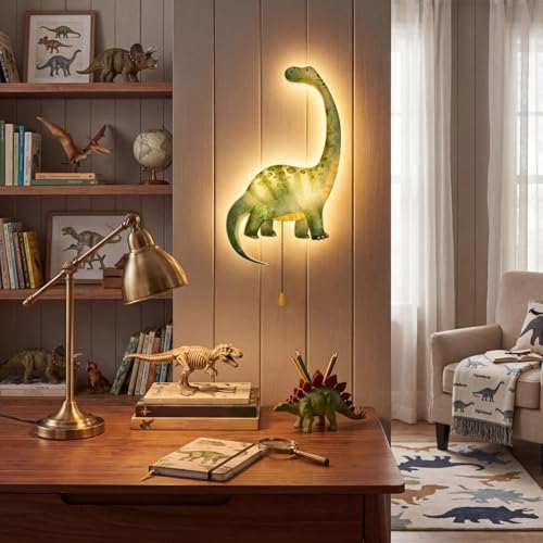 Image of Aurelema Dinosaur Night Light Wall Lamp Sleeping Nursery Lighting Cute Floating Battery Operated Hanging Lamp for Baby Boys Girls Bedroom Room Nursery Wall Decorations