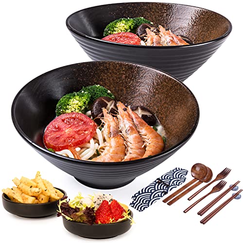 Ramen Bowl Set of 2, 1800ml Large Ceramic Noodle Bowls with Sauce Dishes, Spoons&Chopsticks Kits, for Pasta, Soup, Cereal, Pho, Udon, Mixing Salad & Snack, Home Warming Japanese Gift