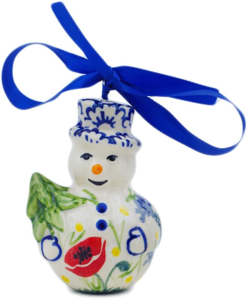 Polmedia Polish Pottery Snowman Ornament UNIKAT - Poppies and Cornflowers Pattern Handmade in Boleslawiec Poland + Certificate of Authenticity
