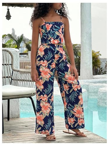 Image of Floerns Girl's 2 Piece Outfit Hawaiian Tropical Crop Cami Tops and Boho Pants Set