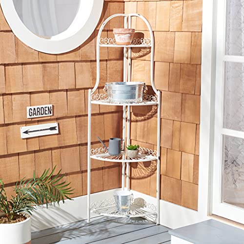 Safavieh PAT5013B Outdoor Collection Abarrane Antique White Wrought Iron 4-Tier Corner Shelf