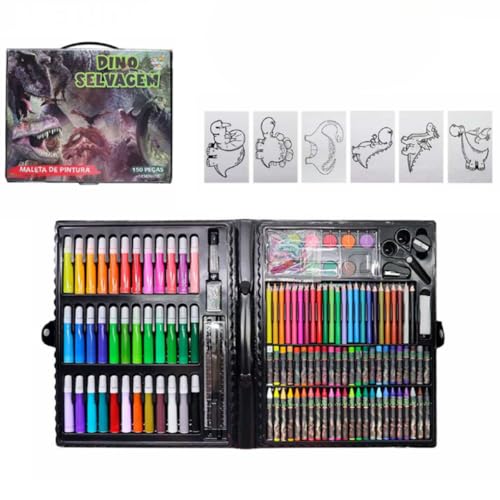 Kit de Pintura Infantil 150 Peças com Maleta Rosa ou Preta Canetinhas Lápis de Cor Giz de Cera Escolar Desenho Arte Criativo Temas Baile de Máscaras Dinos Selvagens (Maleta Preta - Dinos Selvagens)