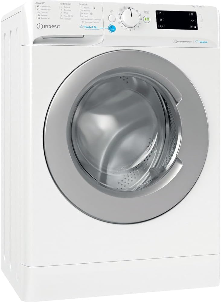 Davanti view of the Indesit BWSE 7125X SV IT washing machine with its door closed, showcasing its white finish and silver-rimmed porthole.