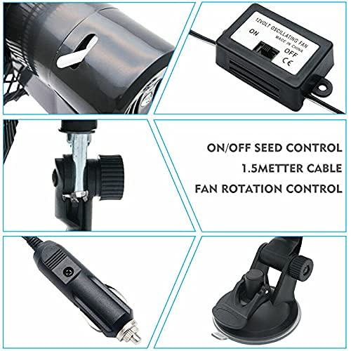 Baceyong Oscylacyjny wentylator chłodzący do samochodu ciężarowego, 12 V/24 V, 6", do użytku na zewnątrz, na kemping, do samochodu, uchwyt na deskę rozdzielczą, chłodzenie obrót o 360 stopni