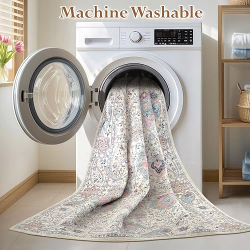 Tortania Area Rug Living Room Rugs - 6x9 Washable Boho Rug Vintage Oriental Distressed Farmhouse Large Thin Indoor Carpet for Living Room Bedroom Under Dining Table Home Office - Pink Blue