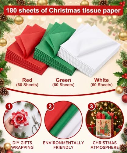 Charmount Christmas Tissue Paper, 90 Sheets, 20" x 20", Red, Green & White — 사진 5