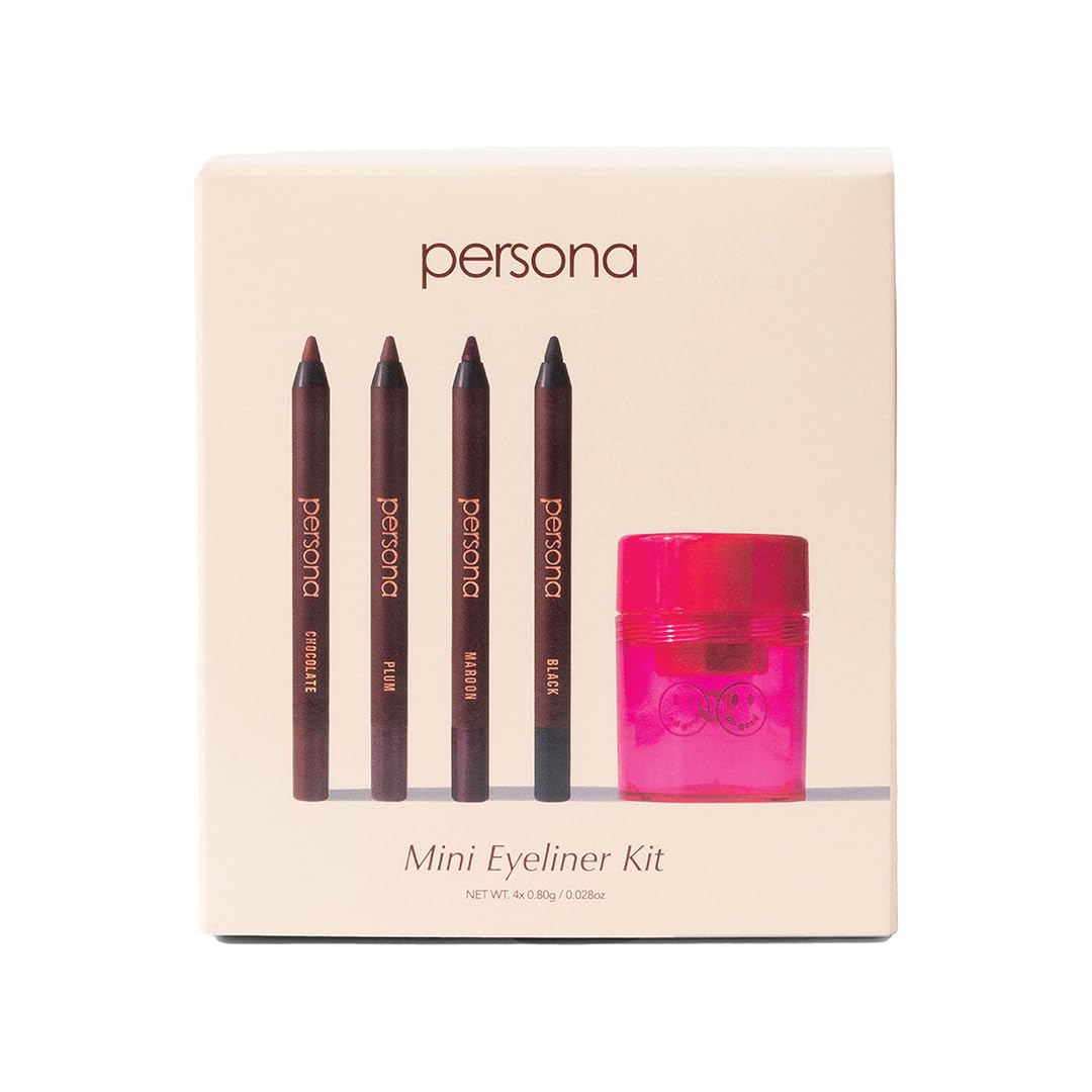 PERSONA Cosmetics Mini Eyeliner Kit + Sharpener | 4 Eyeliner Minis | Chocolate, Black, Plum & Maroon | Creamy, Smudgeable, Long-Wear | Vegan, Cruelty-Free | Giftable Set