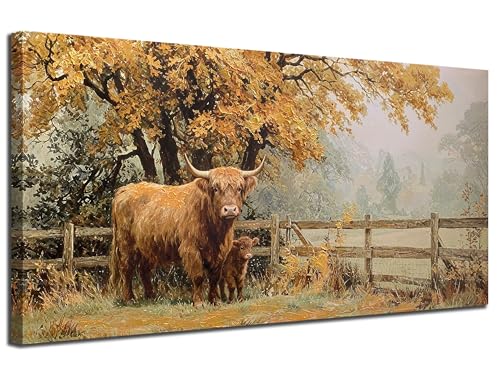 Arjun Highland Cow Canvas Wall Art Rustic Farm Animal Painting Landscape Framed Large Artwork Farmhouse Wall Art for Living Room Bedroom Home Office Dining Room Kitchen Wall Decor