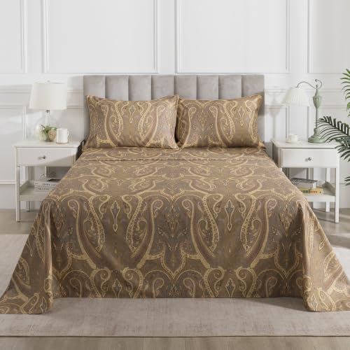 Image of Paisley Floral Percale Sheets Full Size Deep Pocket, Brown-Green | 100% Cotton Flower Print Boho Sheet Set, Beige Patterned Shabby Chic Bed Sheets, Luxury Designer Bedding, Soft Crisp, 4Pcs