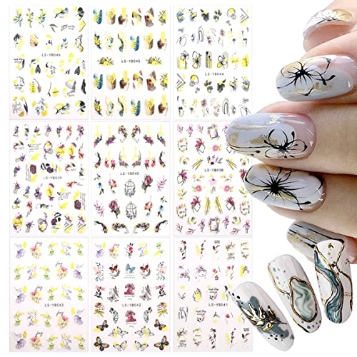9 Sheets Flower Nail Art Stickers 3D Self-Adhesive Nail Decals Watercolor Ink Leaf Butterfly Gold Foils Nail Designs Floral Stickers For Acrylic Nails Spring Manicure Decoration For Women Girls #TOP16
