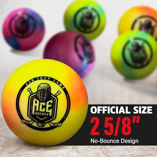ACE HOCKEY Rainbow Street Hockey Balls - 3-Pack with Mesh Bag - No-Bounce Outdoor Play PVC Balls for Street, Roller & DEK Hockey - Official Size 2 5/8\" - High Visibility Bright Colors
