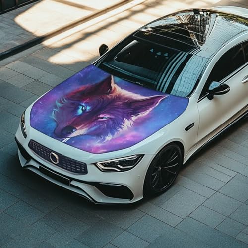 Image of Blue Wolf Car Hood Cover Slip-On Washable Elastic Weatherproof Fabric Elastic Band Fixation Fits Most Cars