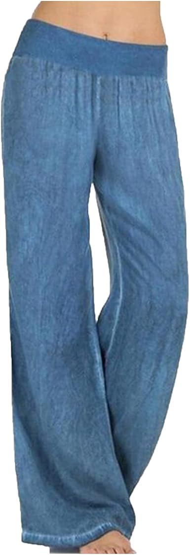 Elastic Waist Denim Pants Washed 
