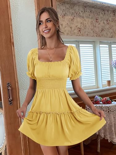 Image of Womens Babydoll Mini Dress Casual Square Neck Short Sleeve Summer Dresses