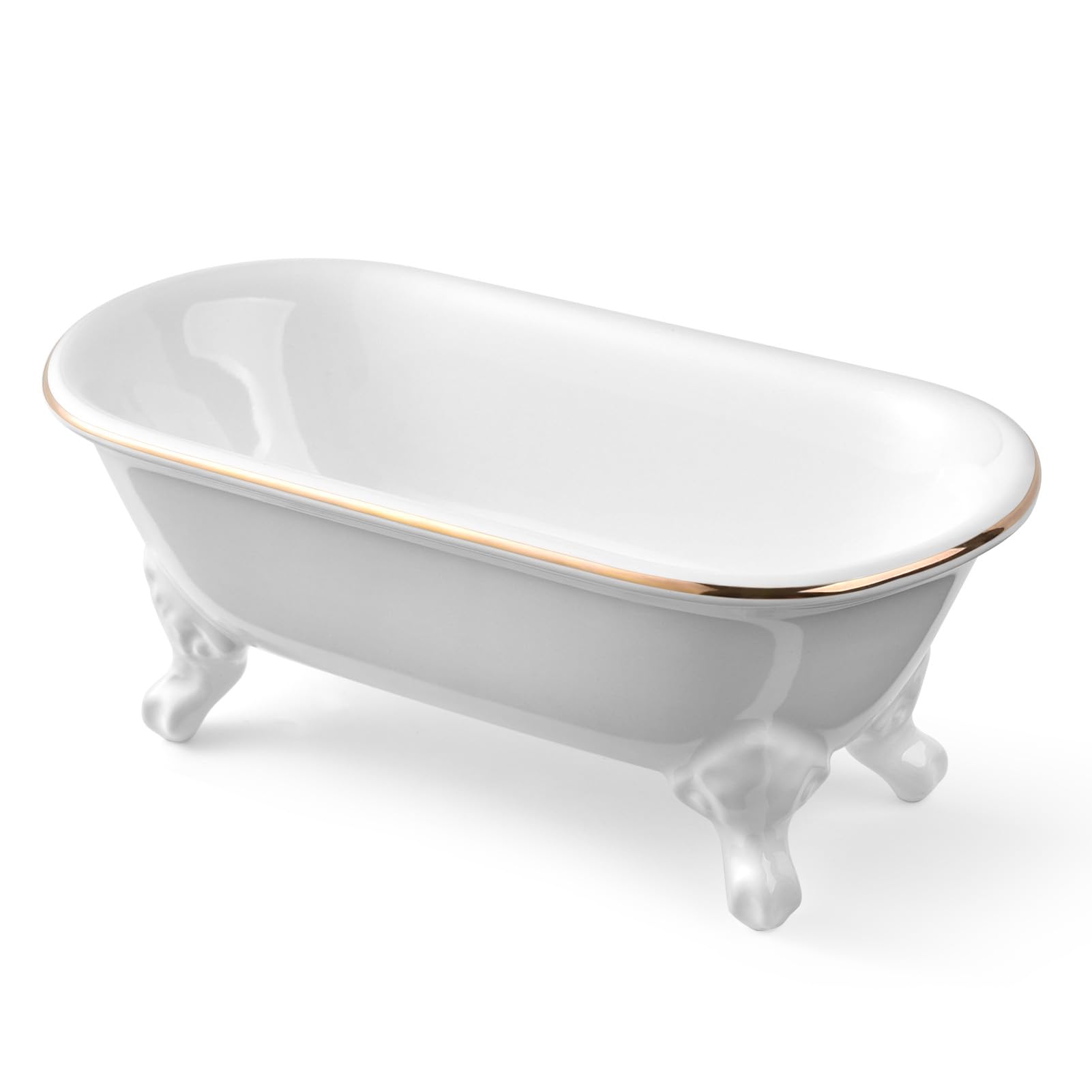 Jabonera decorativa de cerámica de 6.5 pulgadas, soporte de esponja de cocina y bandeja de ducha para baño, 1 paquete (borde dorado blanco)