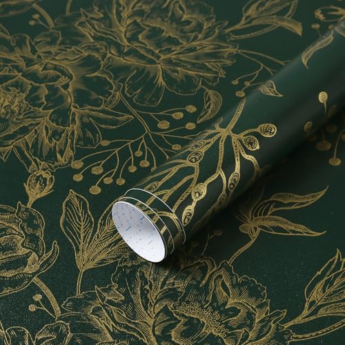 Safiyya Peel and Stick Wallpaper Boho Floral Contact Paper 78.7 x 17.3 Gold and Dark Green Wall Paper Modern Self Adhesive Removable Wallpaper for Bedroom Bathroom Vinyl Rolls