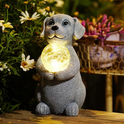 Yeomoo Hund mit Solar Ball Figuren Deko Wohnzimmer Gartendeko: Lustige Dog Figur Geschenke für Frauen Mama Männer Geburtstagsgeschenk Wasserdicht für Draußen Garten Balkon Zimmer Dekoration Grau