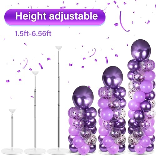 Image of 2 Sets Purple Balloon Column Stand Kit with 100 Balloons Lavender Adjustable Balloon Tower Stand with Bases for Floor Purple Confetti Balloon Column Kit for Christmas Birthday Holiday New Year
