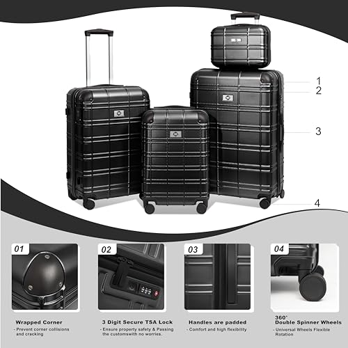 Durable Luggage Set for Stress-Free Travel, 4-Piece Hardshell with Spinner Wheels, Every Journey, Black3