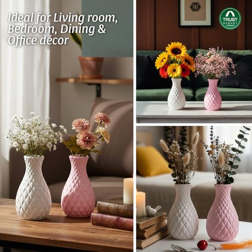 Image of TrustBasket Serenity Decorative Plastic Flower Vase Set White & Pink, Modern Table Top Accent for Living Room Bedroom Dining Office, Minimalist Home Decor, Durable Lightweight, Set of 2