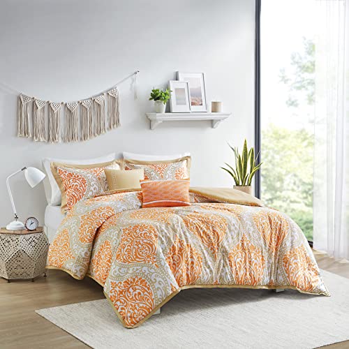 Intelligent Design Senna Comforter Set King/Cal King Size - Orange/Taupe, Damask – 5 Piece Bed Sets – Ultra Soft - All Season Comforter Set Bedding #TOP2