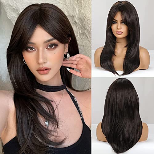 Image of Women's Full Head Wig - Shoulder Straight Length Natural Brown Layered Synthetic Hair Extension for Women and Girls