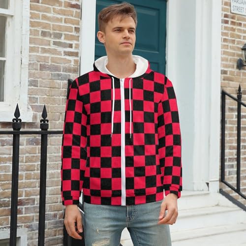 Red Black Checkered Men's Zip Up Hoodie Casual Drawstring Hooded Sweatshirt with Kanga Pocket3