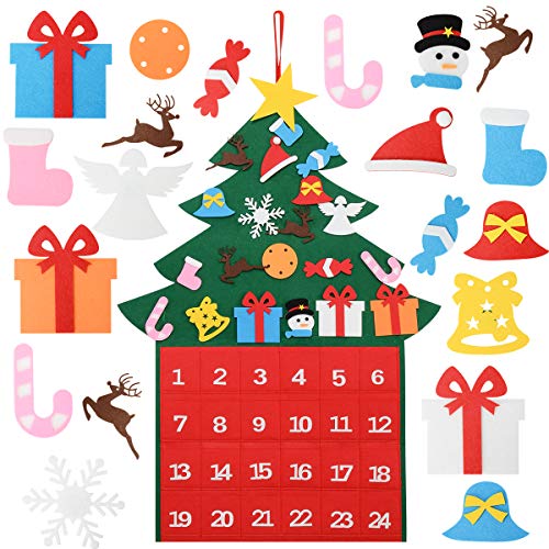 COITEK Calendario de Cuenta Regresiva de Navidad, Bricolaje, decoración de árbol de Navidad, Calendario de Adviento, para Colgar en la Pared con 24 Bolsillos de días y 21 Adornos