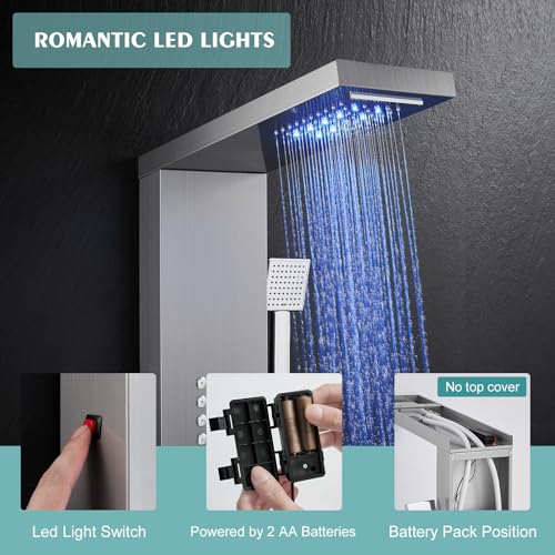 KINKIB LED Shower Panel Tower System with Rainfall Waterfall Shower Head, 5-in-1 Shower Tower with Powerful Body Jets, Handheld and Tub Spout, Shower Column Stainless Steel, Brushed Finish