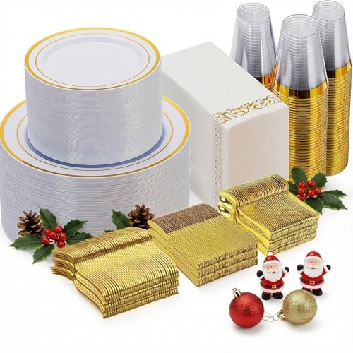 Goodluck 700 Piece Gold Dinnerware Set for 100 Guests, Disposable for Party, Include: 100 Gold Rim Dinner Plates, 100 Dessert Plates, 100 Paper Napkins, 100 Cups, 100 Plastic Silverware Set
