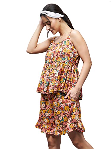 Image of Miss Chase Women's Multicolour Round Neck Sleeveless Floral Ruffled Hem Short Top & Shorts Sets